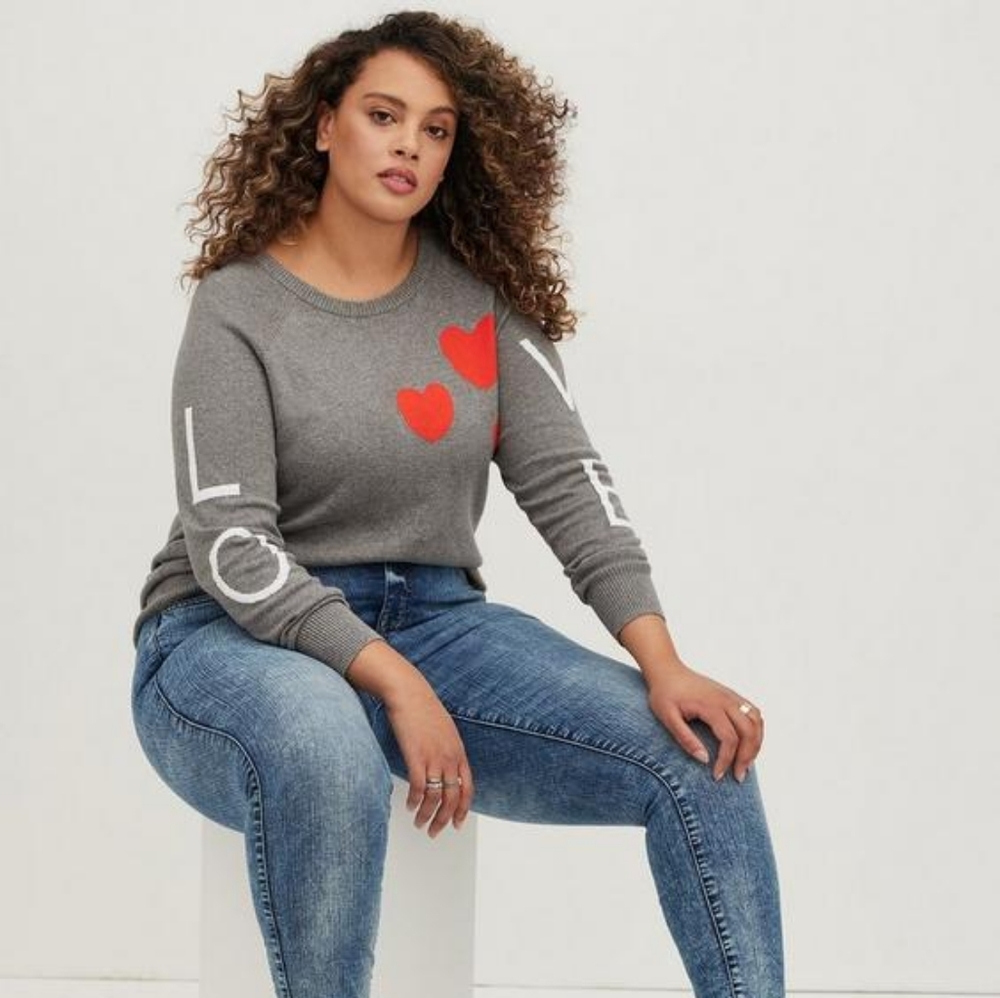 Torrid Gray and Red Heart Love Pullover Crew Sweater 00X